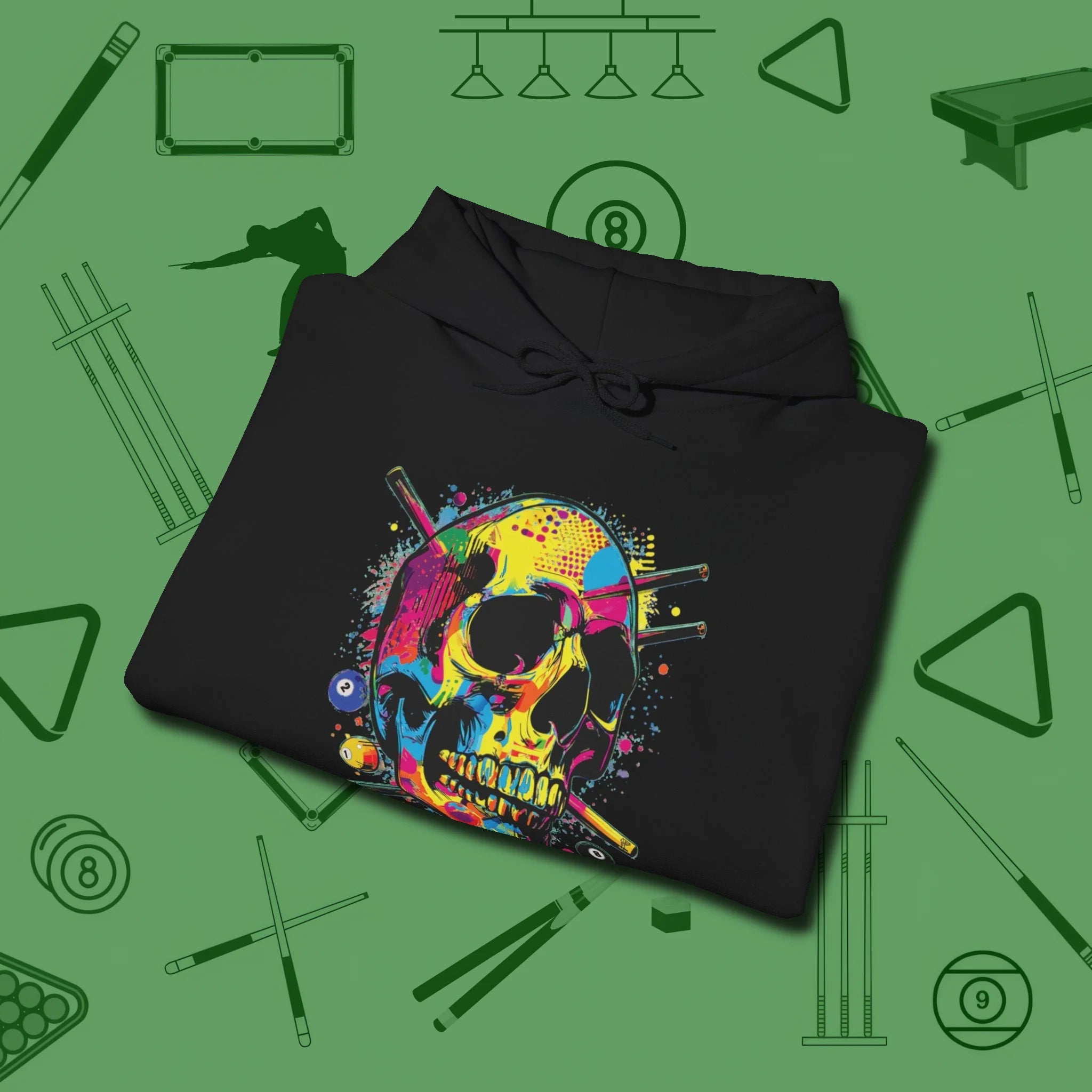 Stabbed Skull Hoodie, folded view, in Black where cue control meets personal style