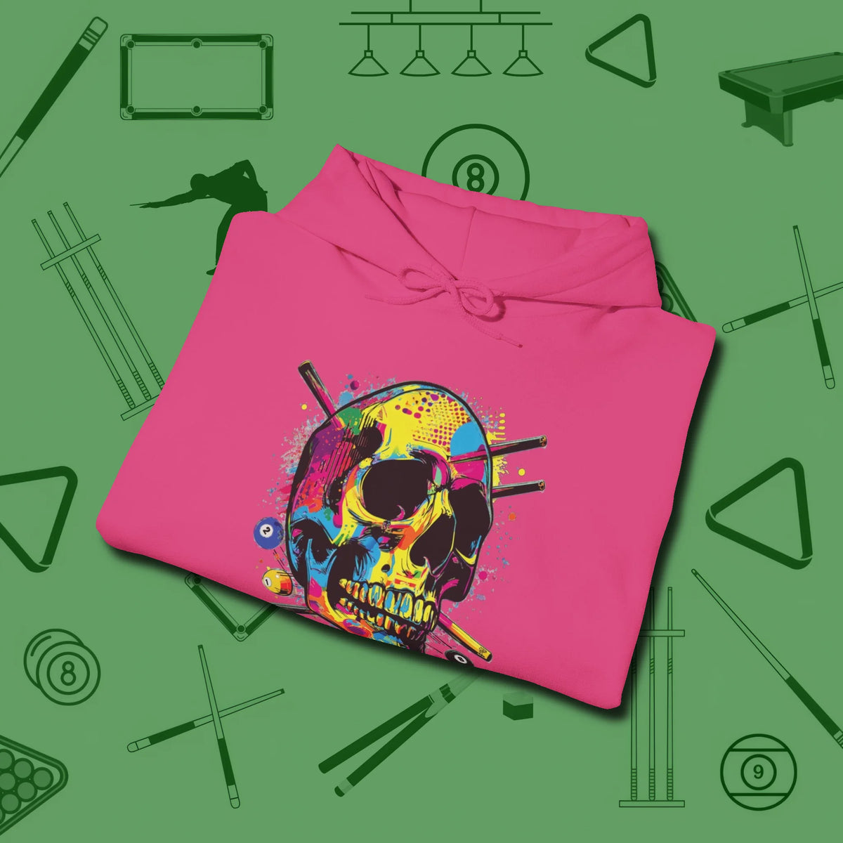 Stabbed Skull Hoodie, folded view, in Heliconia look good while calling your pocket