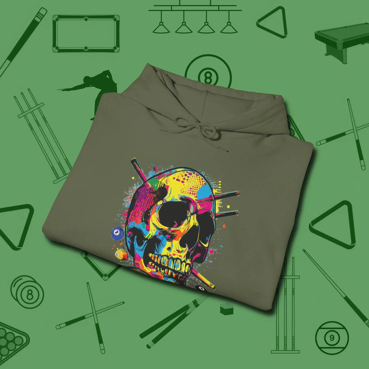 Stabbed Skull Hoodie, folded view, in Military Green classic cue style, no gimmicks