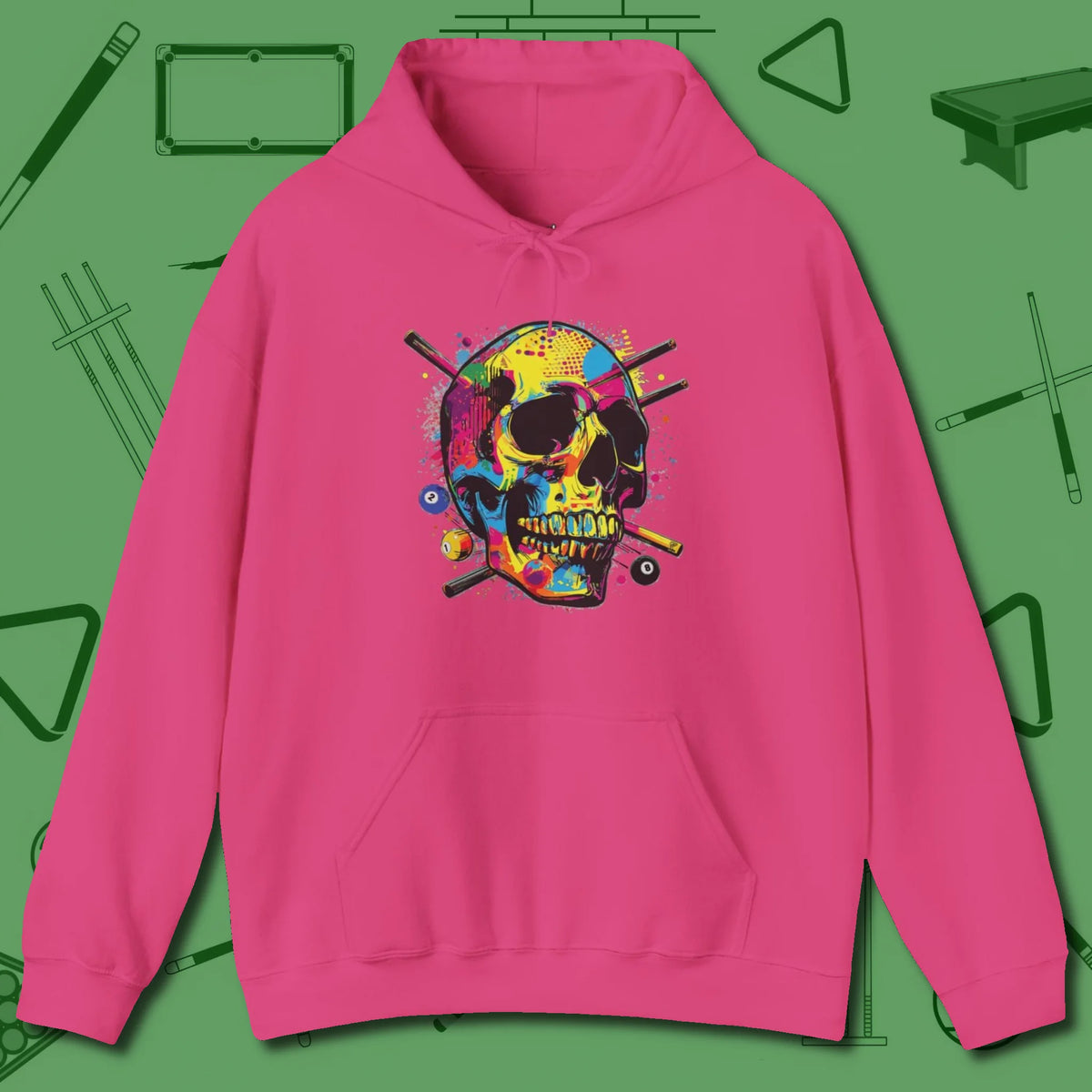 Stabbed Skull Hoodie, front view, in Heliconia smart apparel for strategic players