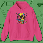 Stabbed Skull Hoodie, front view, in Heliconia smart apparel for strategic players