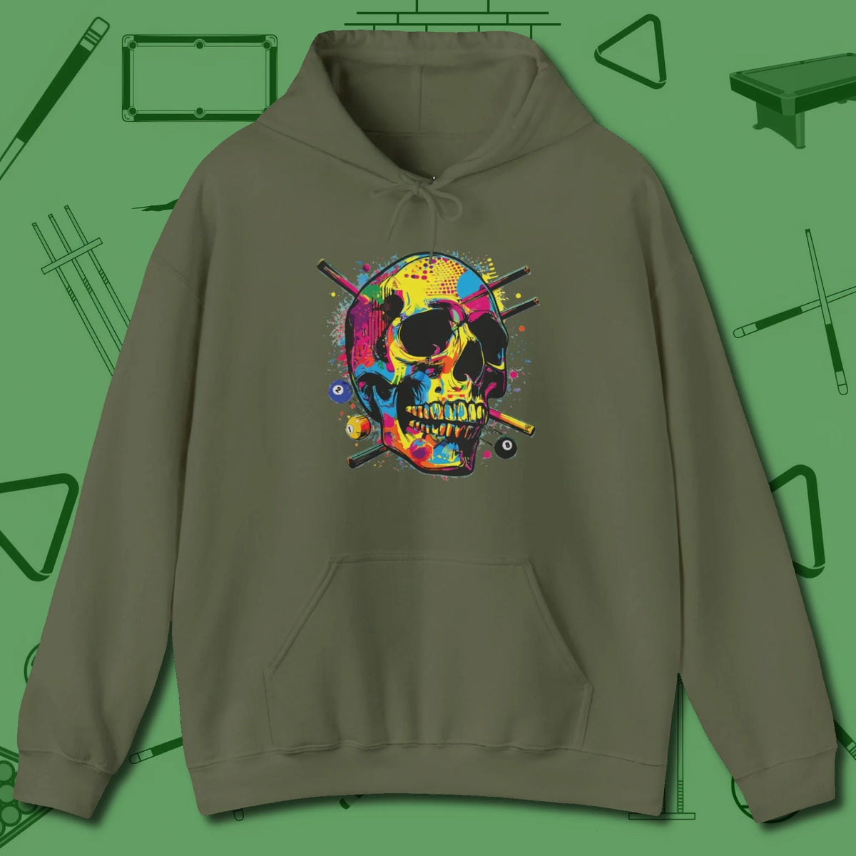 Stabbed Skull Hoodie, front view, in Military Green as serious as your stroke