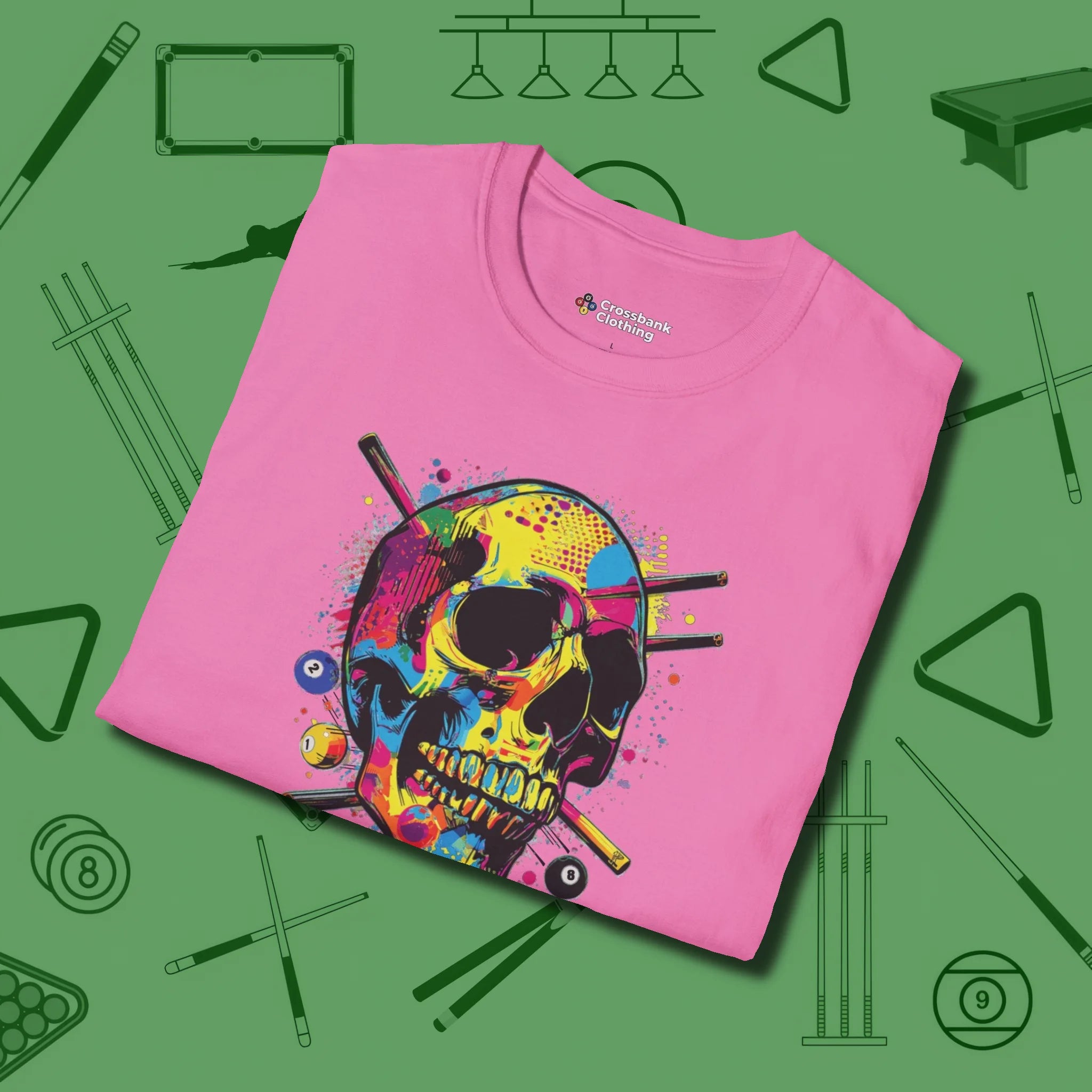 Stabbed Skull T-Shirt, folded view, in Azalea because the table is your battlefield