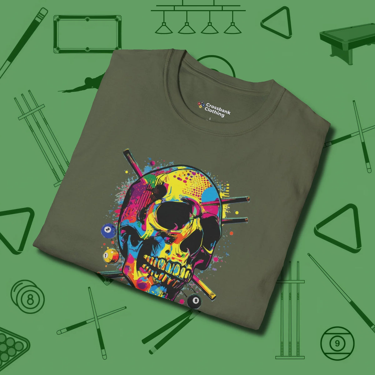 Stabbed Skull T-Shirt, folded view, in Military Green because the table is your battlefield