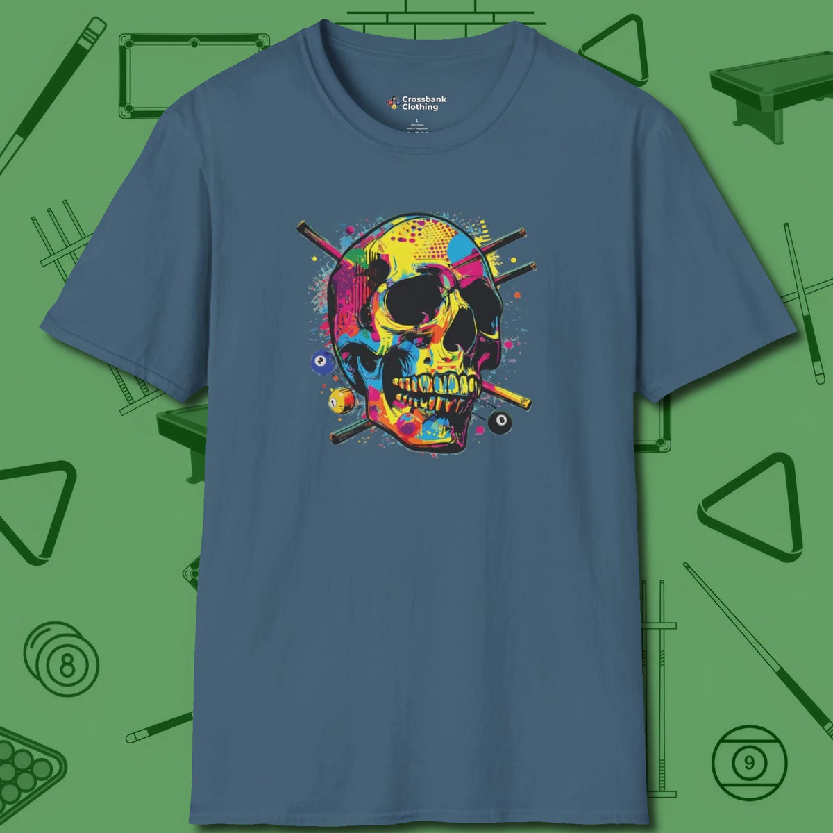 Stabbed Skull T-Shirt, front view, in Indigo Blue play in style, win in silence