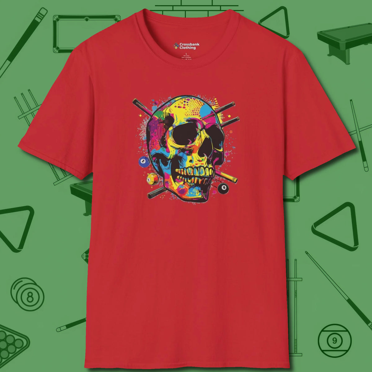 Stabbed Skull T-Shirt, front view, in Red poolroom style with tournament attitude