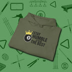 Stay Humble Eight Ball Hoodie, folded view, in Military Green for shooters who dress like they play: sharp