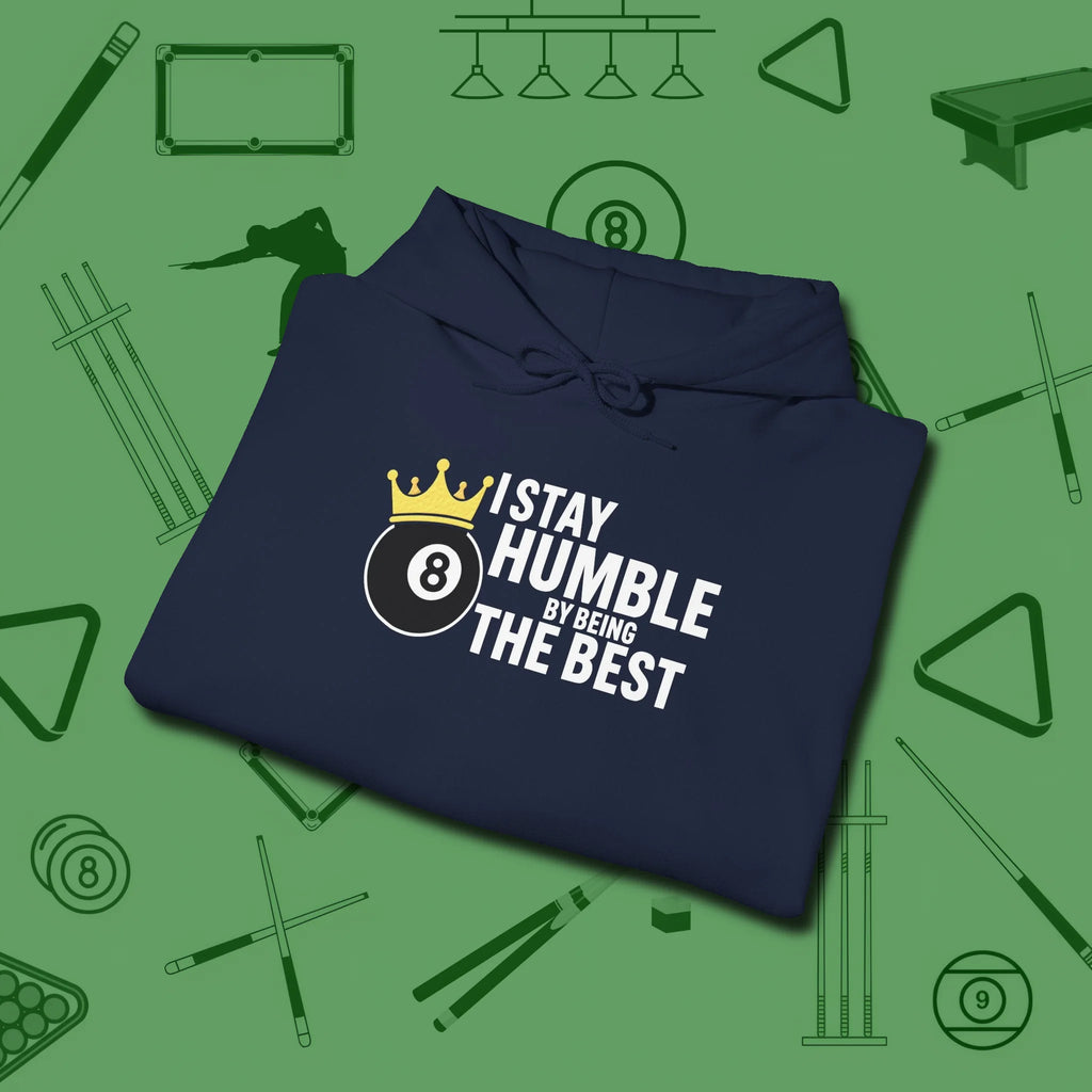Stay Humble Eight Ball Hoodie, folded view, in Navy the official uniform of the after-hours crew