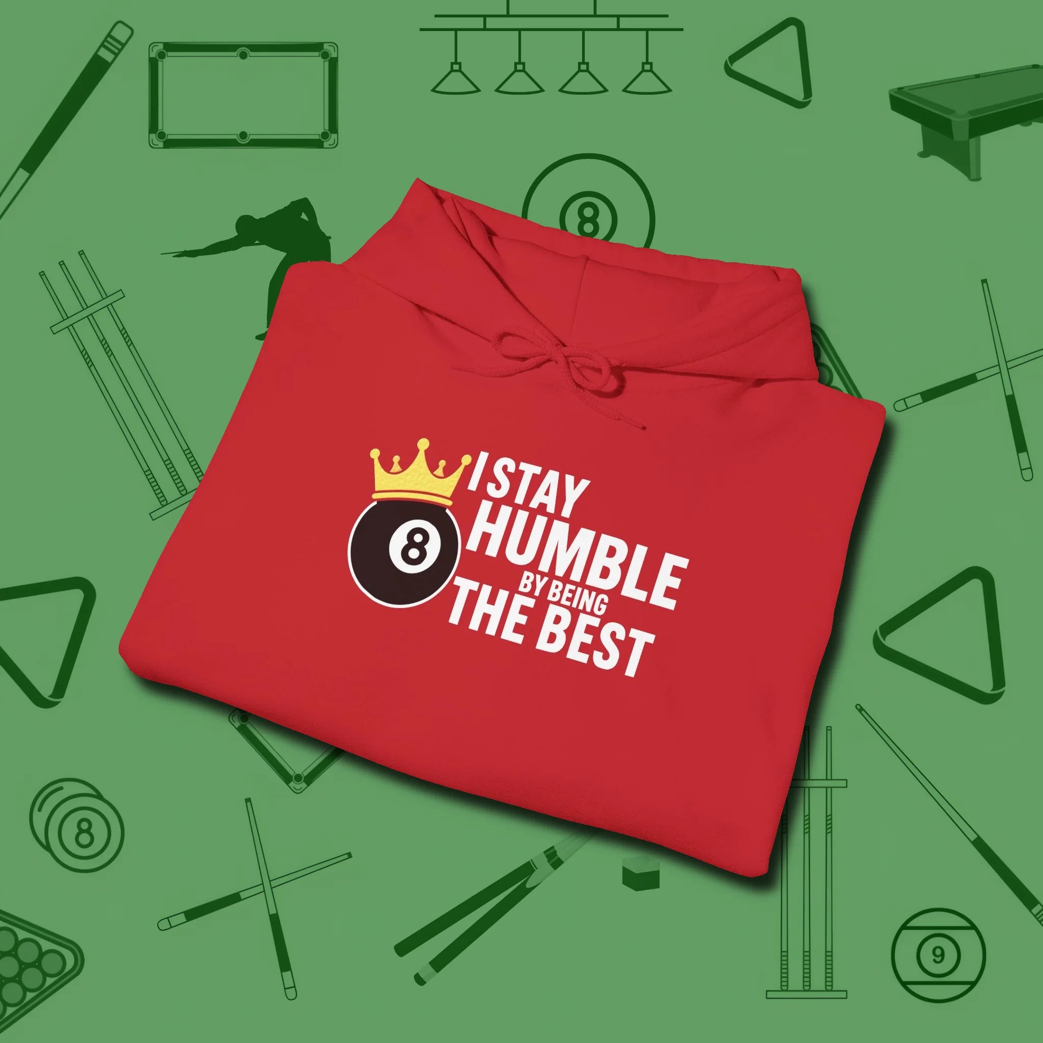 Stay Humble Eight Ball Hoodie, folded view, in Red cue sports swagger done right