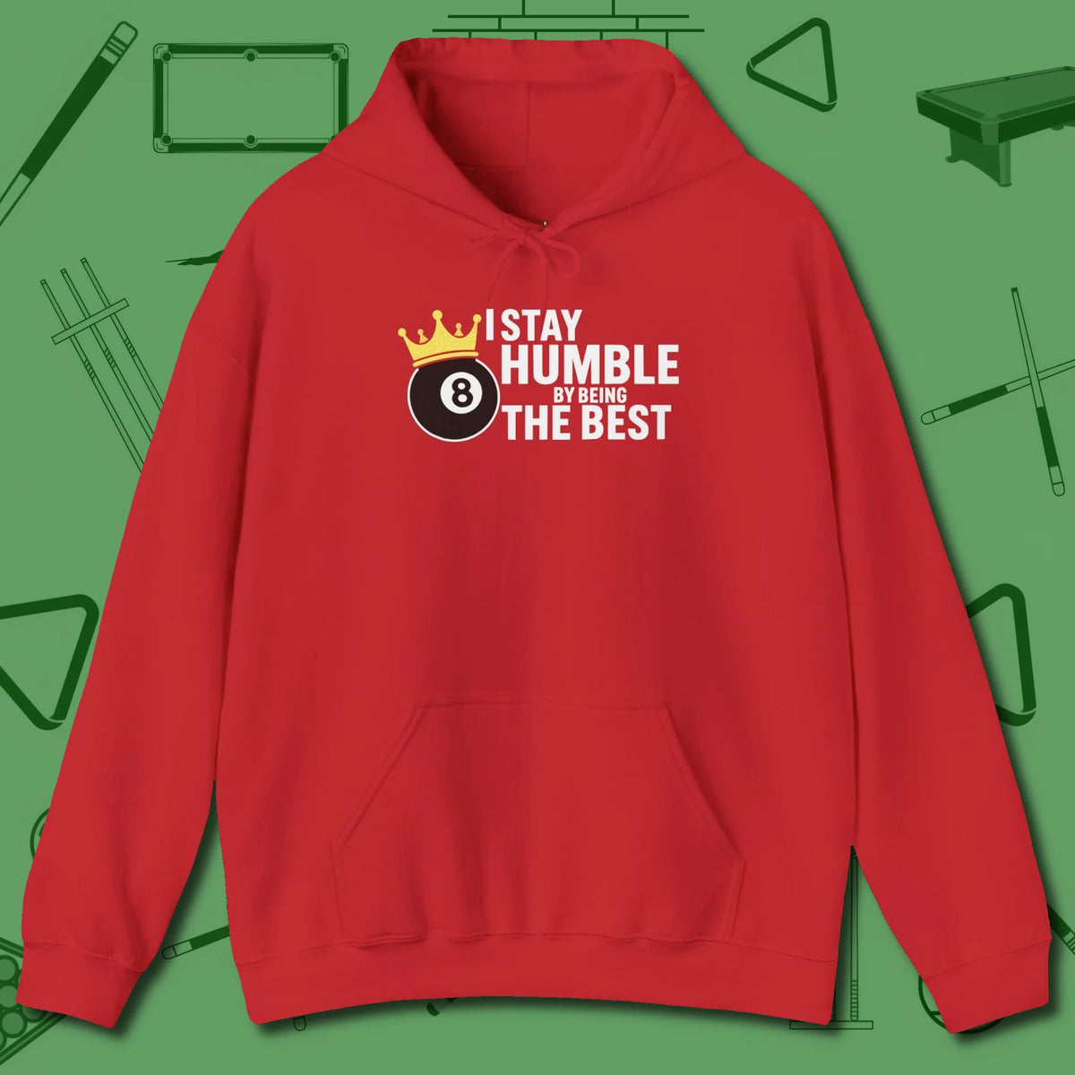 Stay Humble Eight Ball Hoodie, front view, in Red ideal for clean hits and clean fits
