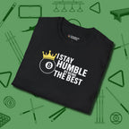 Stay Humble Eight Ball T-Shirt, folded view, in Black an extension of your pool persona