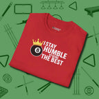 Stay Humble Eight Ball T-Shirt, folded view, in Red clean lines for dirty minds