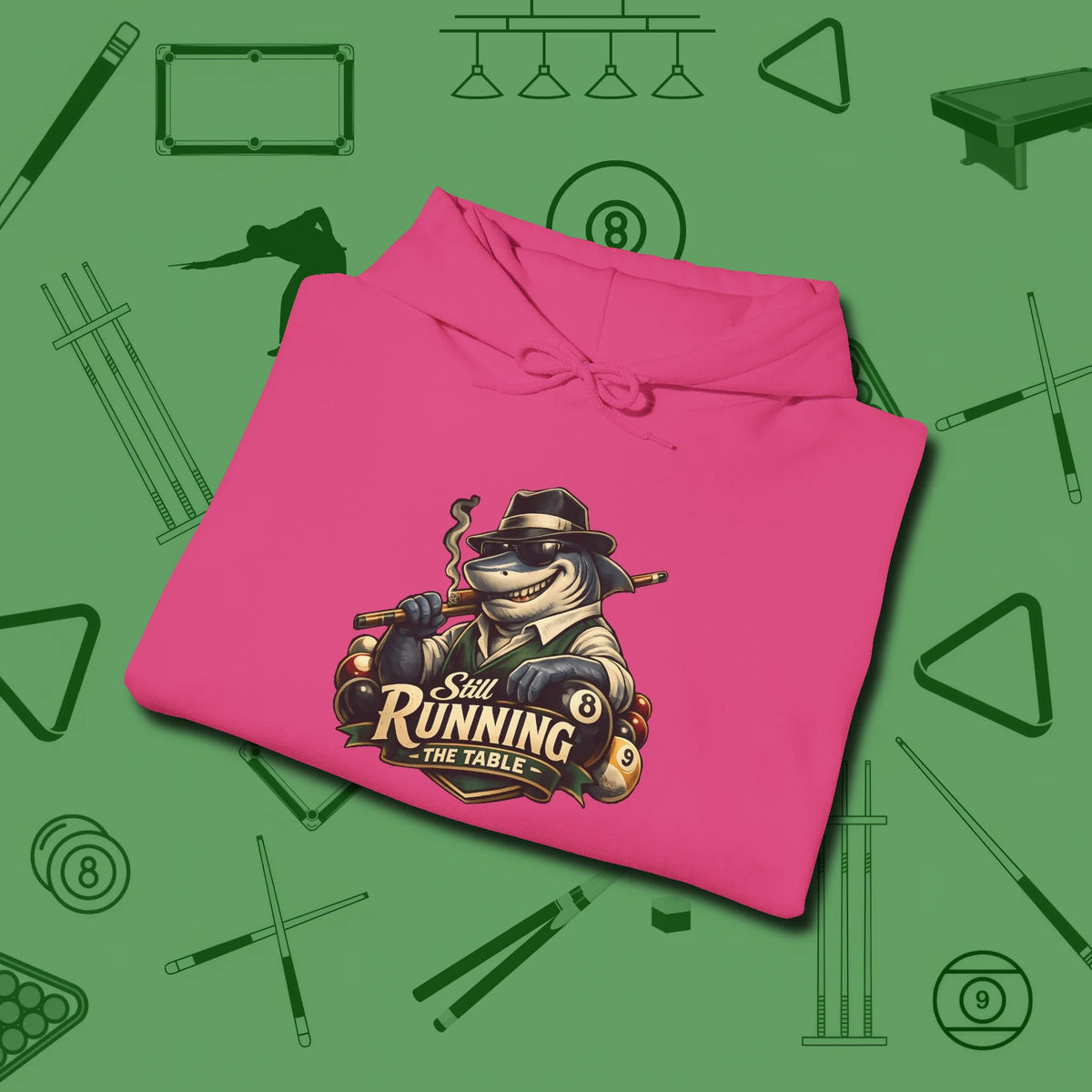 Still Running Shark Hoodie, folded view, in Heliconia what the real shooters wear