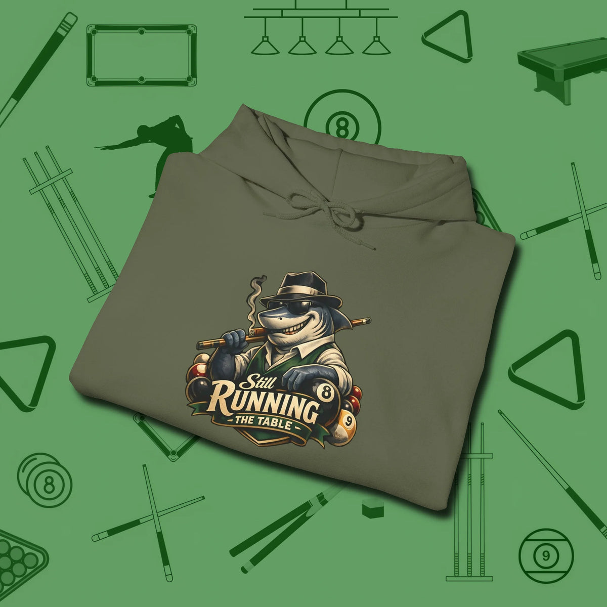 Still Running Shark Hoodie, folded view, in Military Green subtle drip for serious shooters