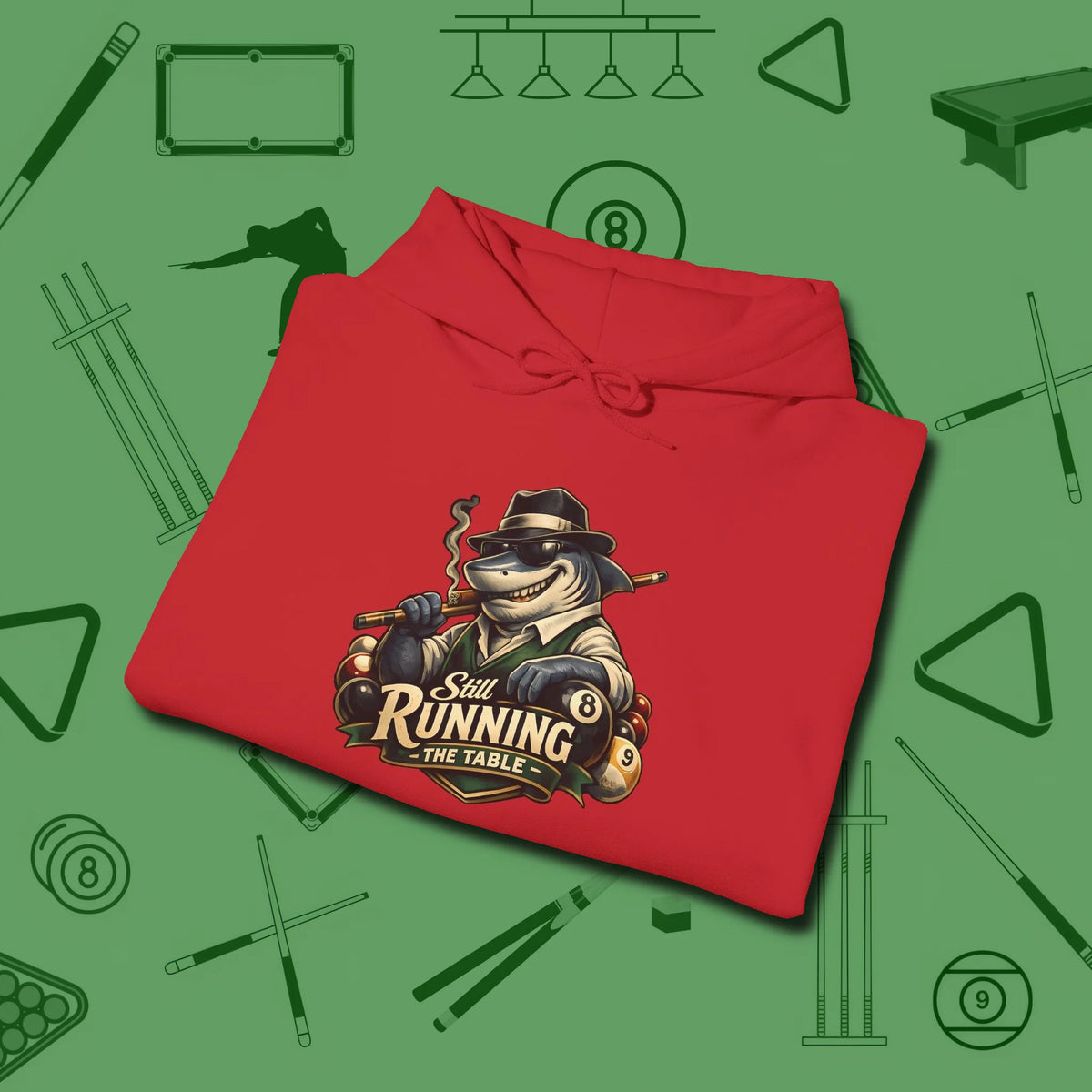 Still Running Shark Hoodie, folded view, in Red precise, confident, always in control