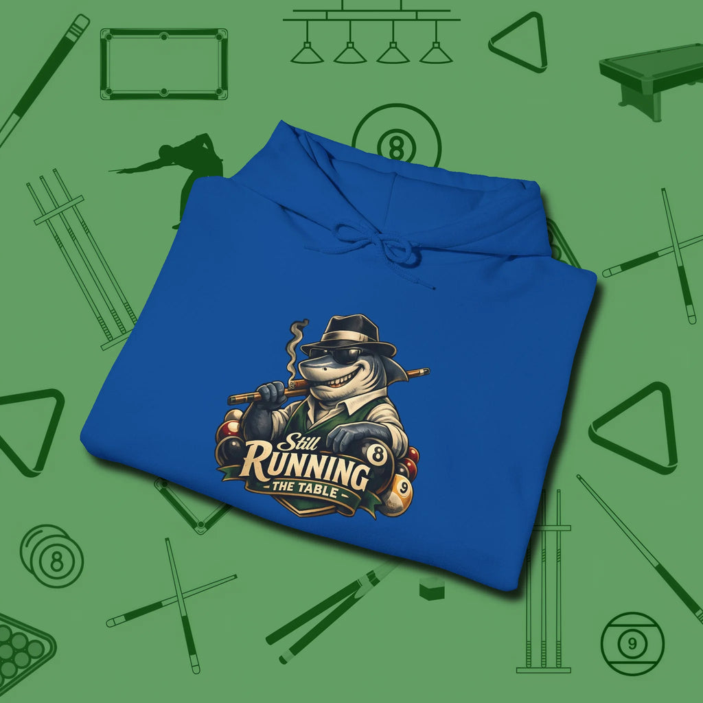 Still Running Shark Hoodie, folded view, in Royal put your best game on display