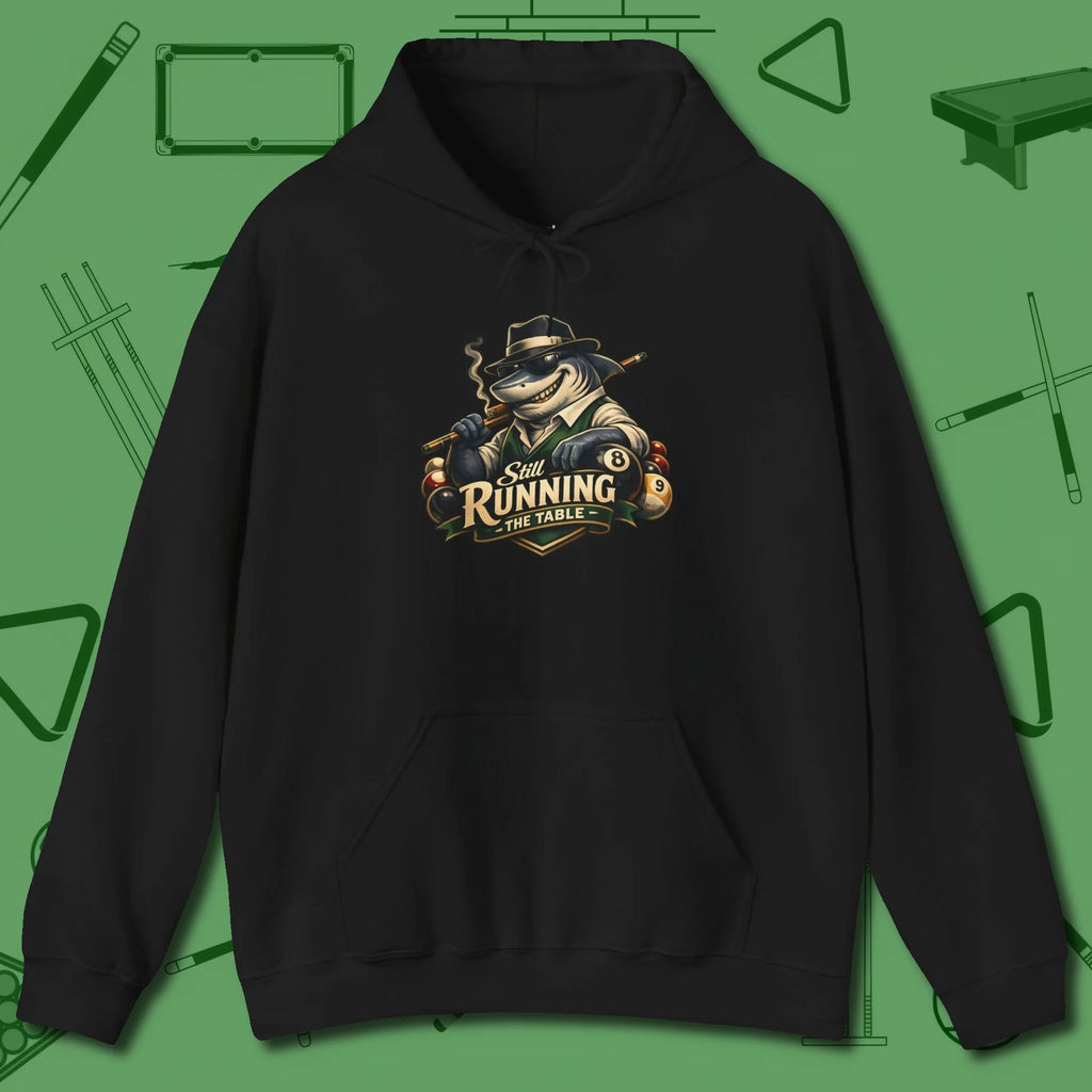 Still Running Shark Hoodie, front view, in Black an extension of your pool persona