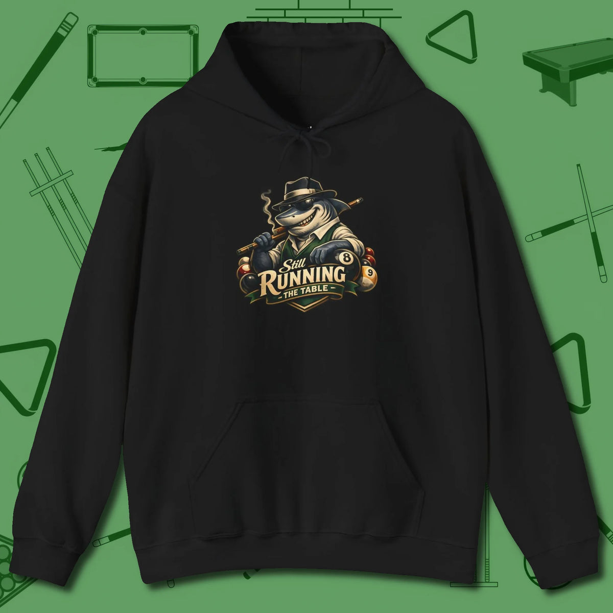 Still Running Shark Hoodie, front view, in Black an extension of your pool persona