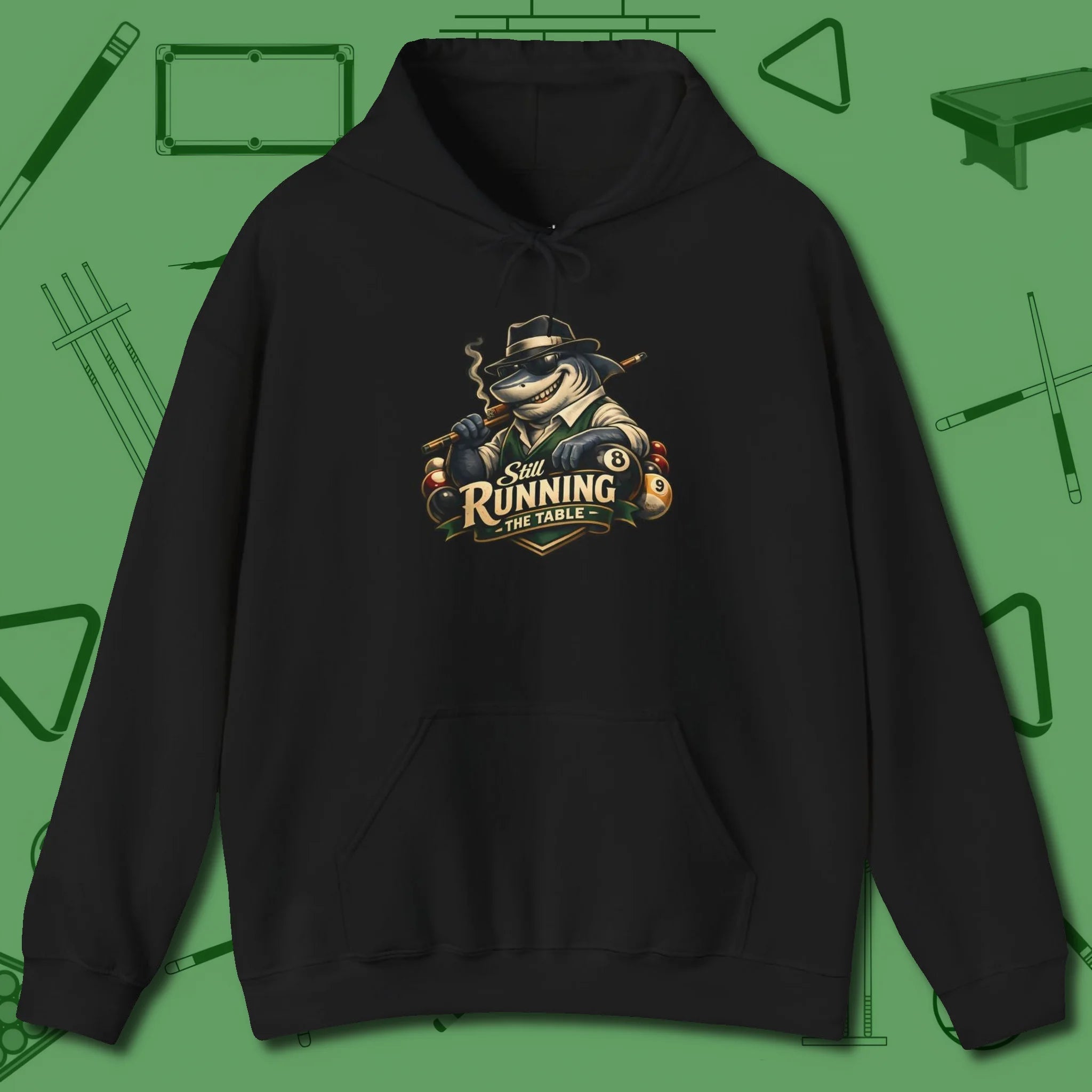 Still Running Shark Hoodie, front view, in Black an extension of your pool persona