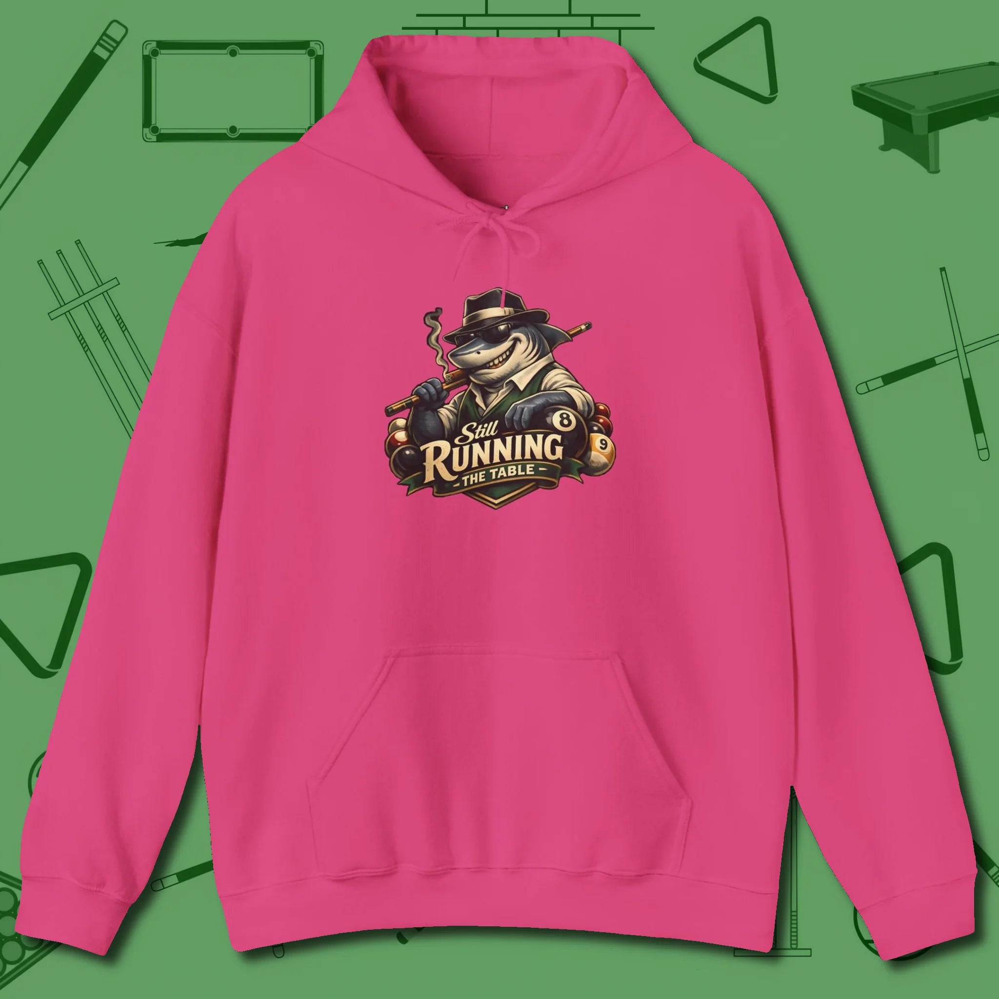Still Running Shark Hoodie, front view, in Heliconia an extension of your pool persona