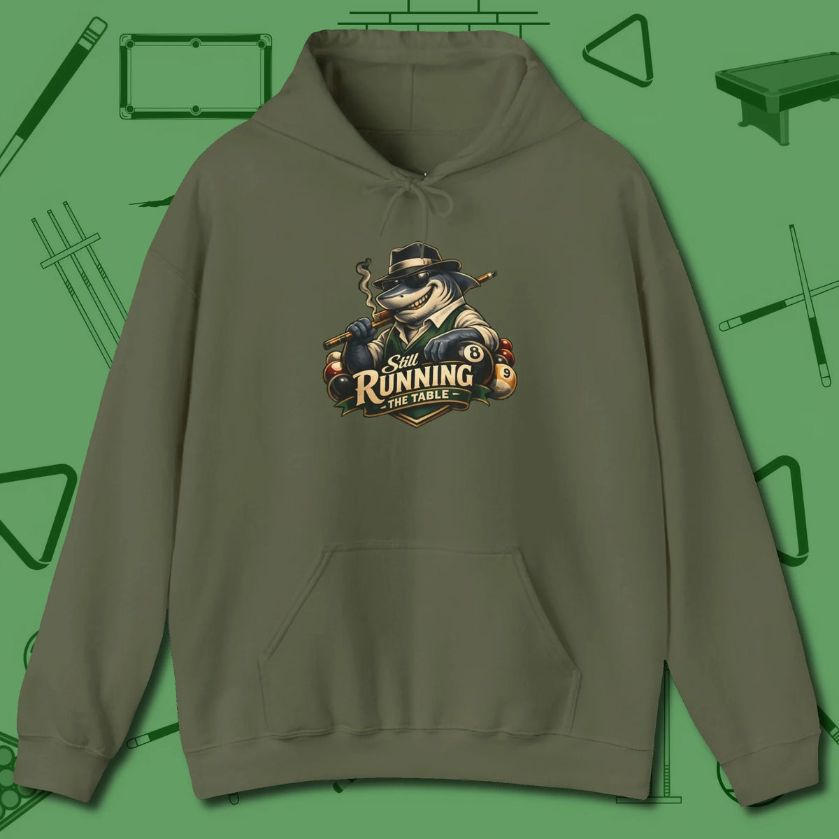 Still Running Shark Hoodie, front view, in Military Green classic cue style, no gimmicks