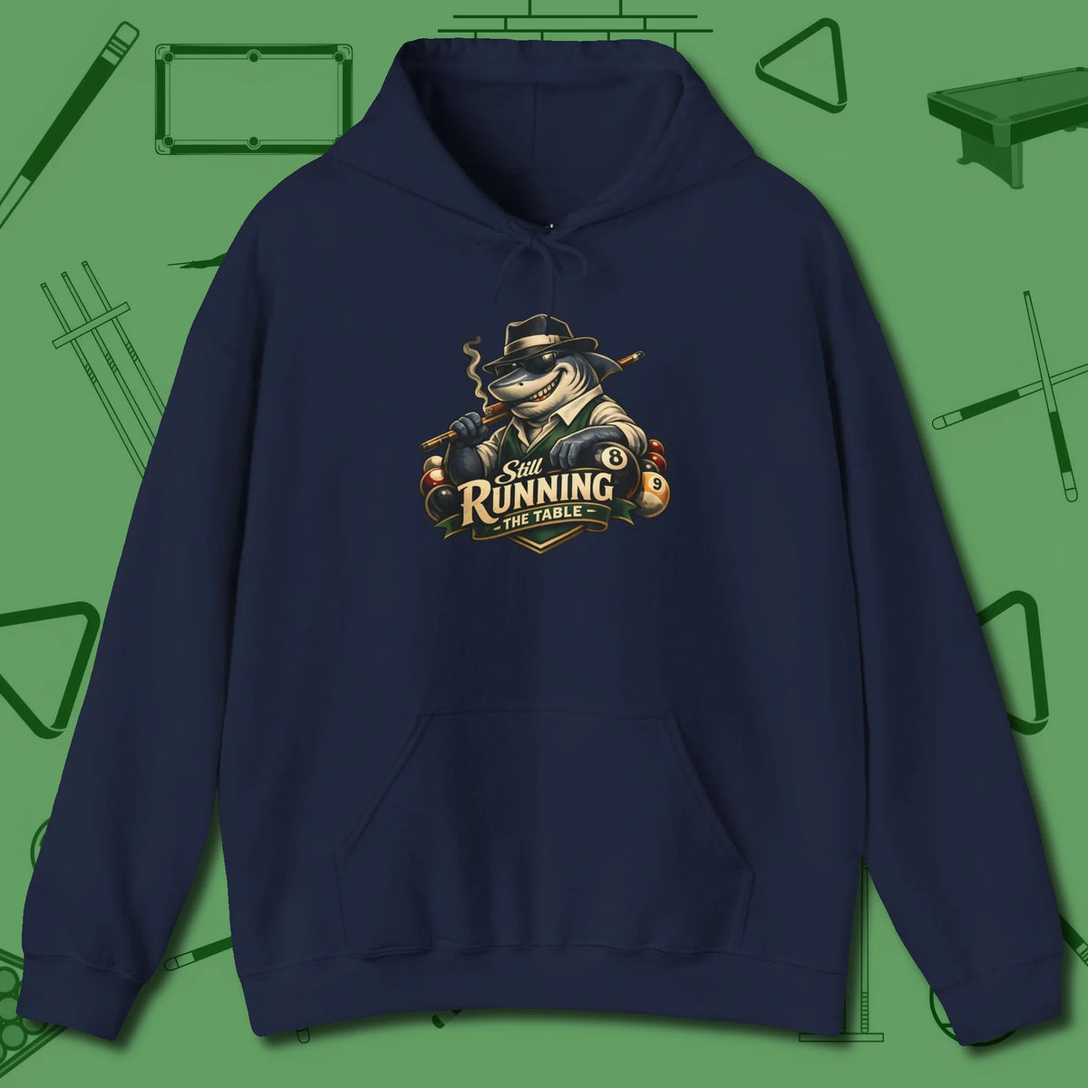 Still Running Shark Hoodie, front view, in Navy made for pool sharks, not posers