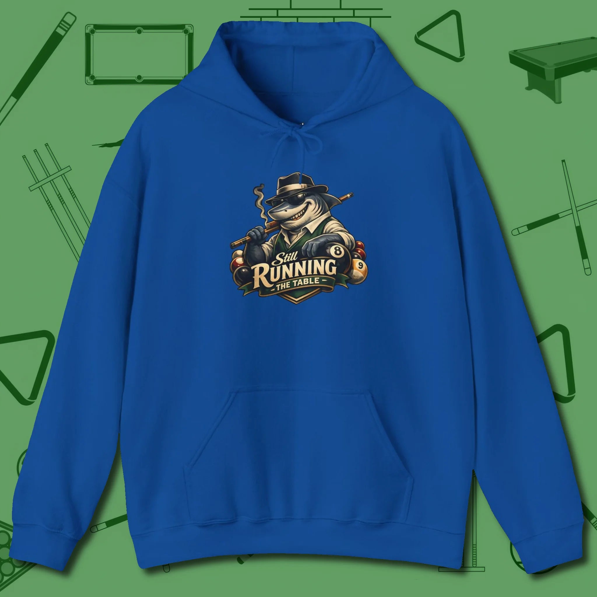 Still Running Shark Hoodie, front view, in Royal break, run out, turn heads — repeat