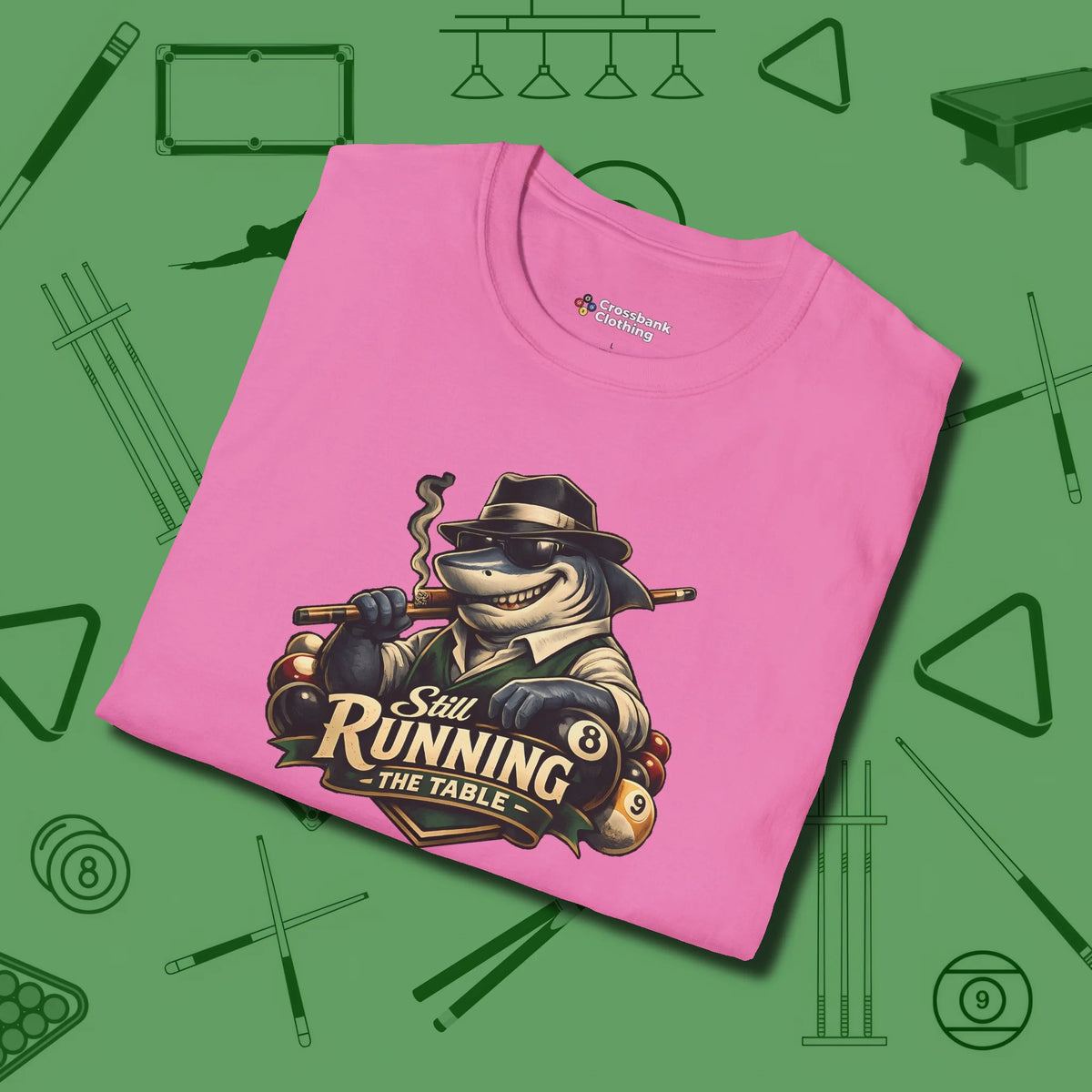 Still Running Shark T-Shirt, folded view, in Azalea cue sports swagger done right