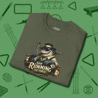 Still Running Shark T-Shirt, folded view, in Military Green styled to dominate from rack to run-out