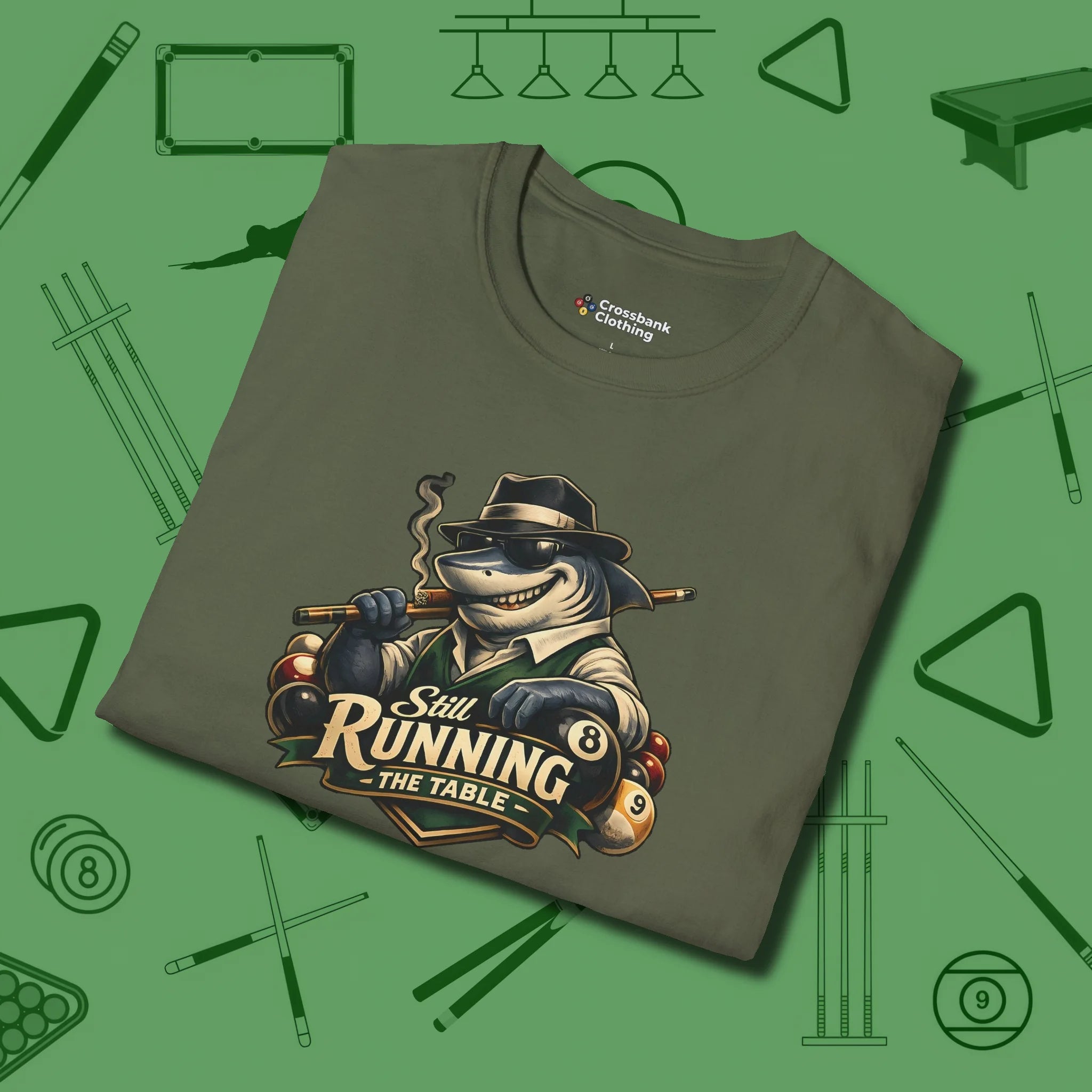 Still Running Shark T-Shirt, folded view, in Military Green styled to dominate from rack to run-out