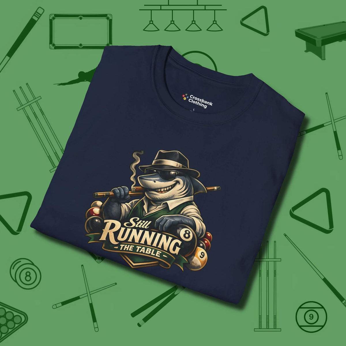 Still Running Shark T-Shirt, folded view, in Navy for shooters who dress like they play: sharp