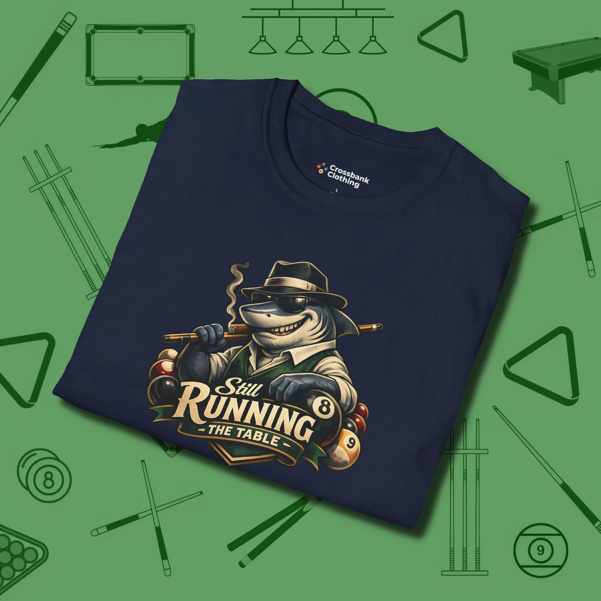 Still Running Shark T-Shirt, folded view, in Navy for shooters who dress like they play: sharp