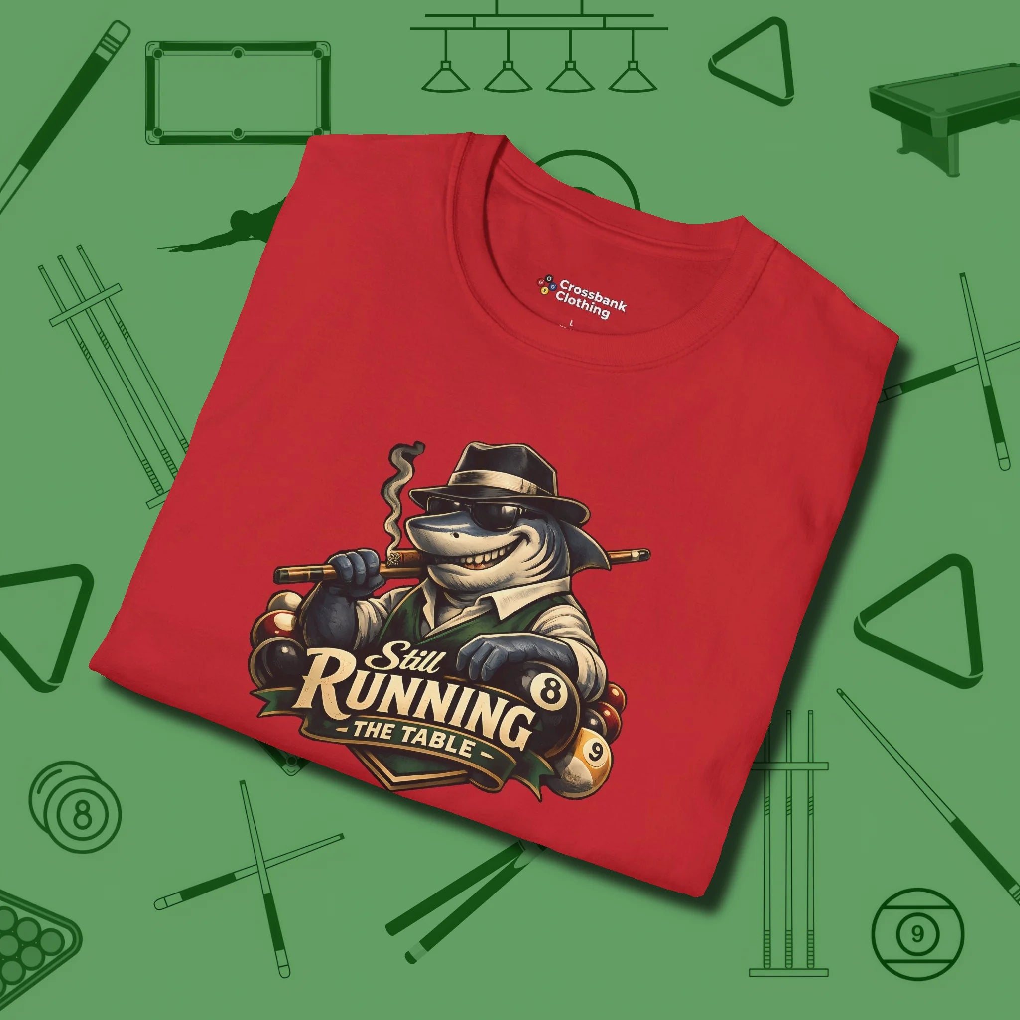 Still Running Shark T-Shirt, folded view, in Red cool under pressure, hot on the eyes