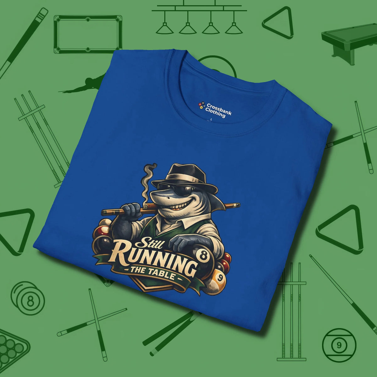 Still Running Shark T-Shirt, folded view, in Royal your secret weapon off the table