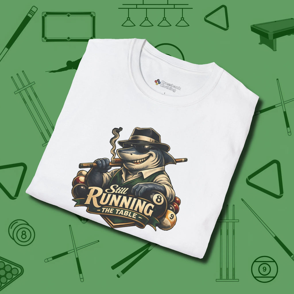 Still Running Shark T-Shirt, folded view, in White cool enough for a corner pocket finish