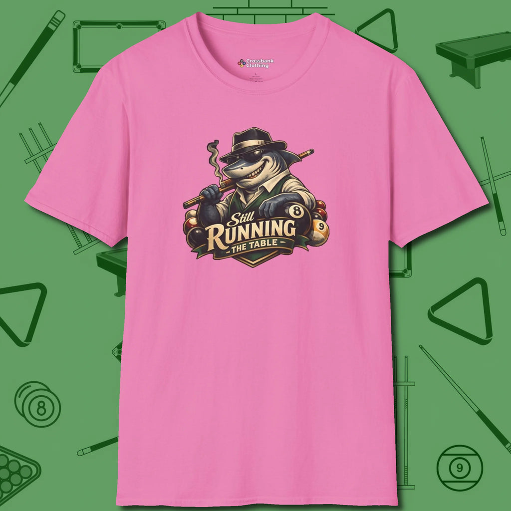 Still Running Shark T-Shirt, front view, in Azalea for players who live the game