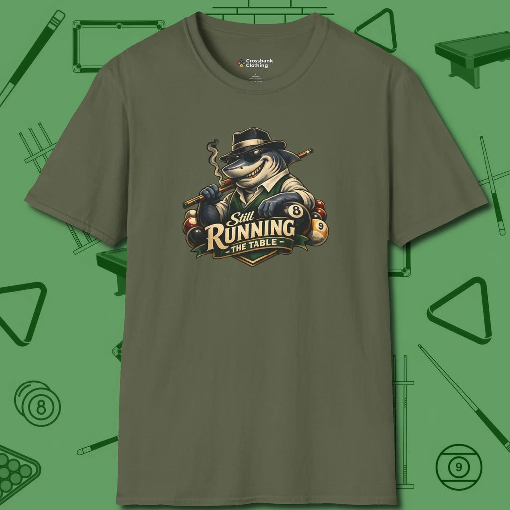 Still Running Shark T-Shirt, front view, in Military Green what the real shooters wear
