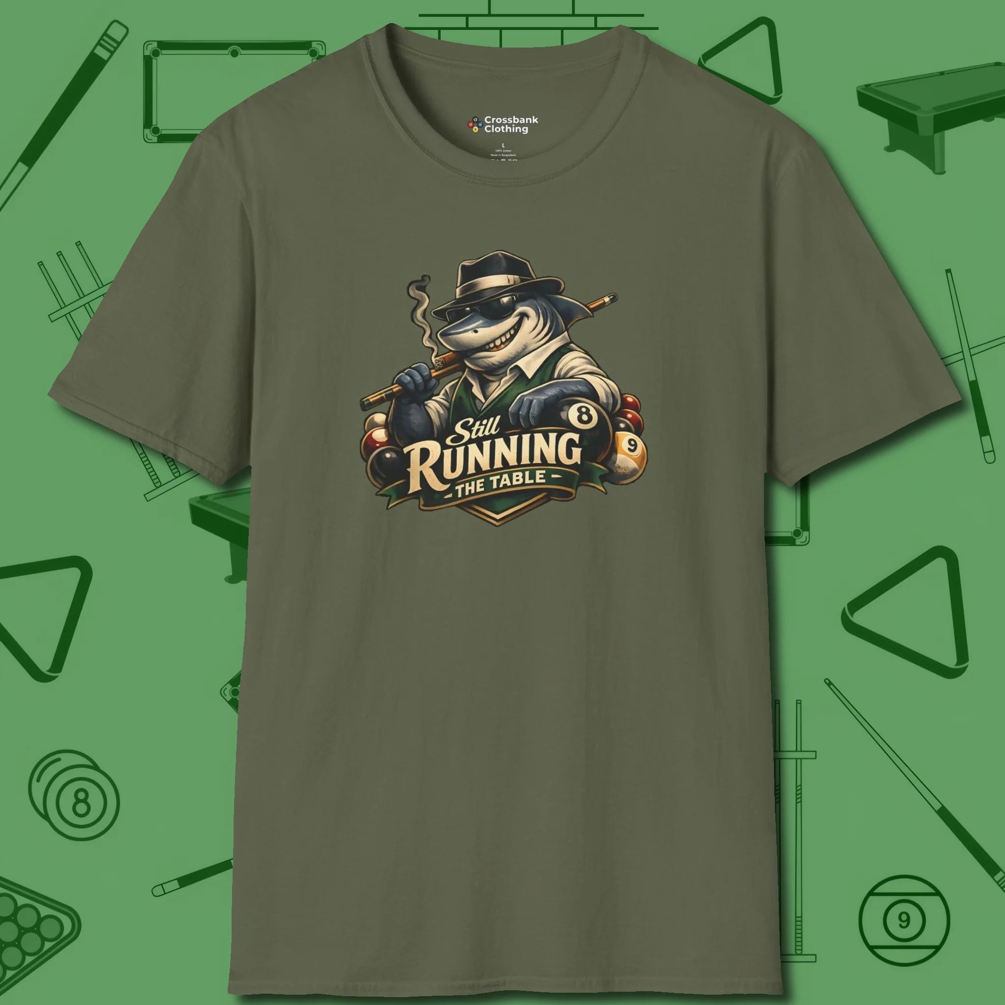 Still Running Shark T-Shirt, front view, in Military Green what the real shooters wear