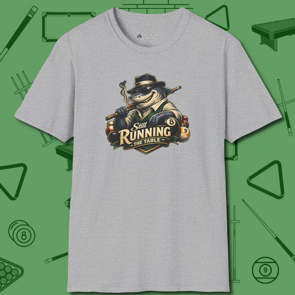 Still Running Shark T-Shirt, front view, in Sport Grey the official uniform of the after-hours crew