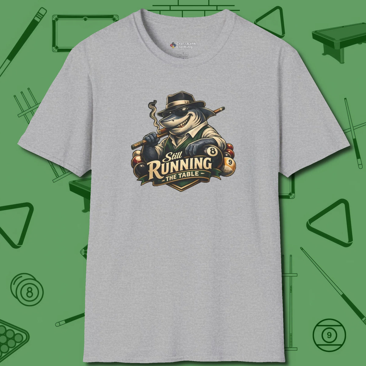 Still Running Shark T-Shirt, front view, in Sport Grey the official uniform of the after-hours crew