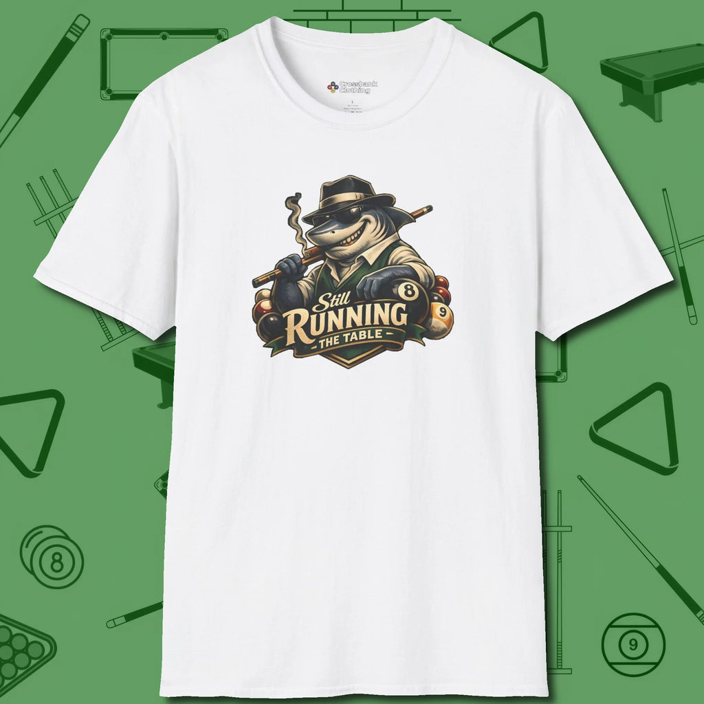 Still Running Shark T-Shirt, front view, in White break, run out, turn heads — repeat