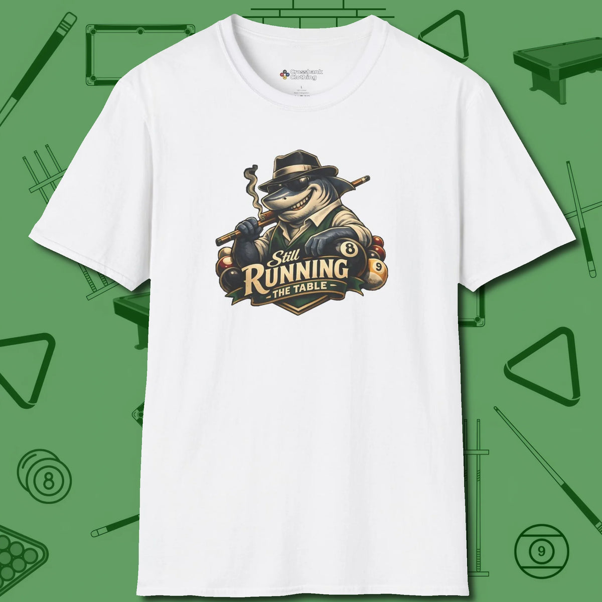 Still Running Shark T-Shirt, front view, in White break, run out, turn heads — repeat