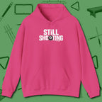 Still Shooting Hoodie, front view, in Heliconia like your stroke — smooth and deliberate