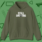 Still Shooting Hoodie, front view, in Military Green poolroom style with tournament attitude