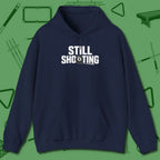 Still Shooting Hoodie, front view, in Navy look good while calling your pocket