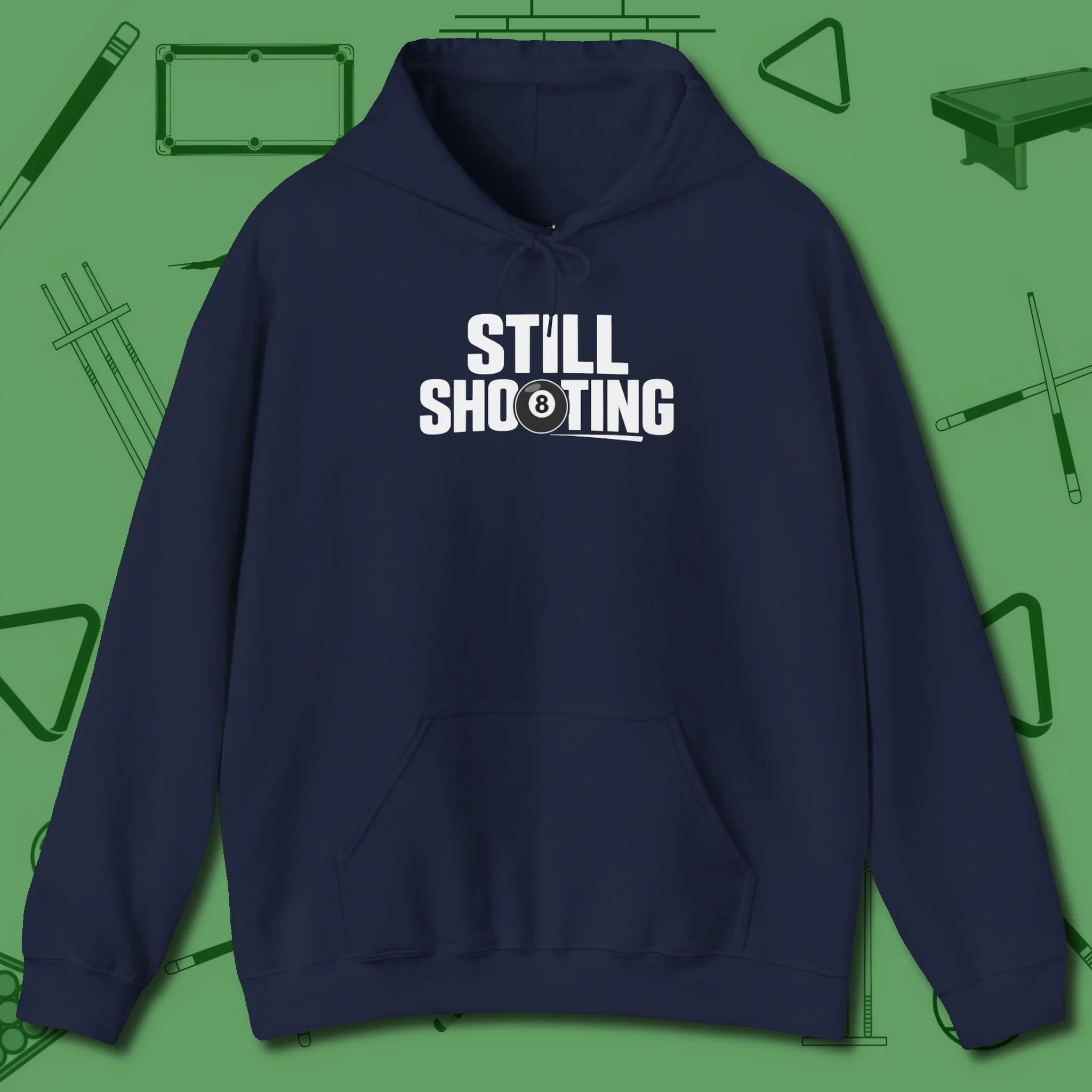 Still Shooting Hoodie, front view, in Navy look good while calling your pocket