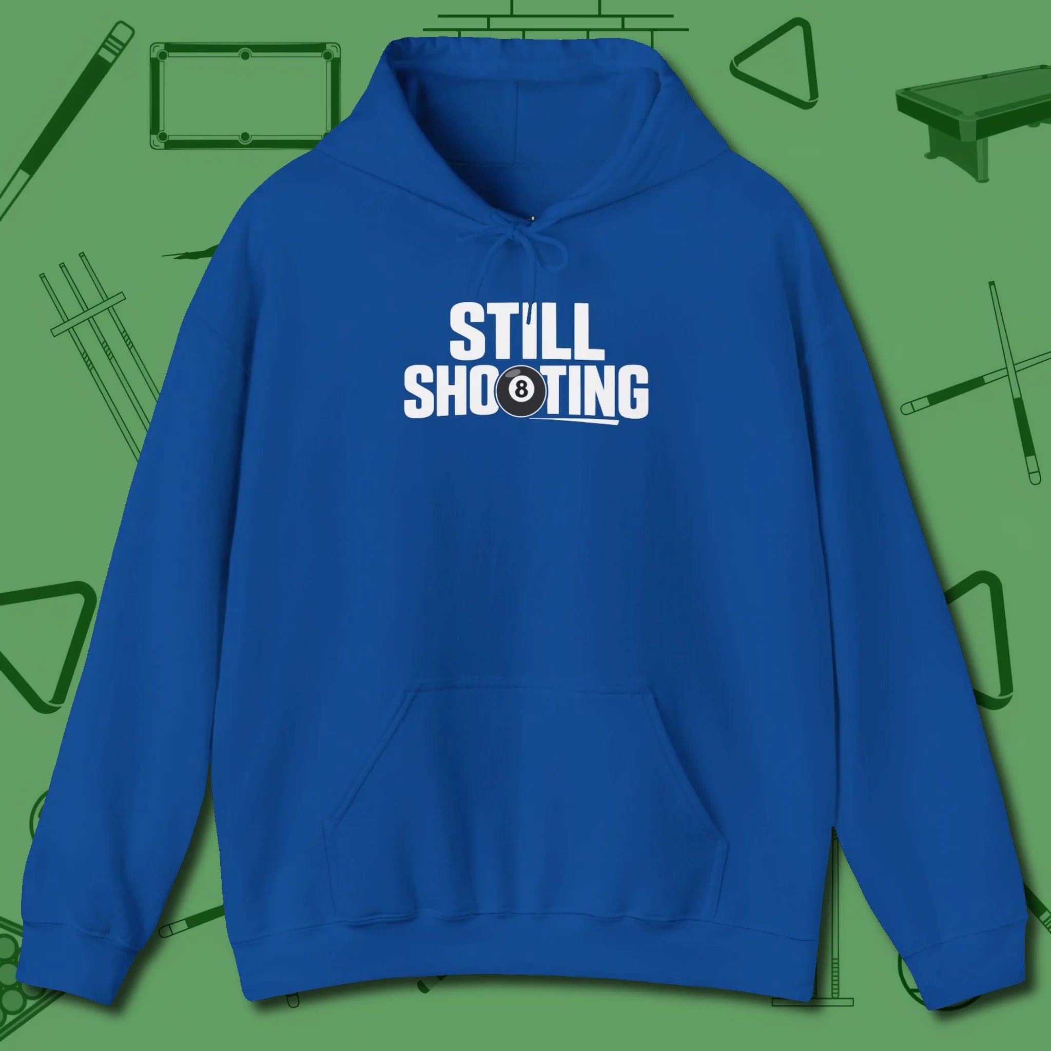Still Shooting Hoodie, front view, in Royal designed for dead stroke and deadpan looks