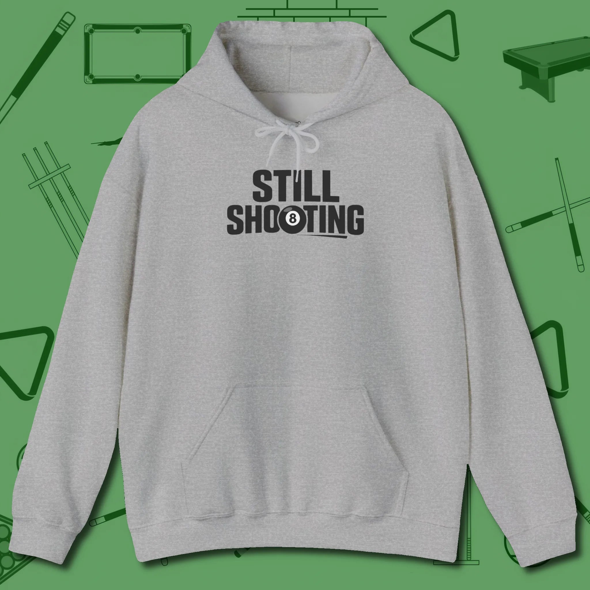 Still Shooting Hoodie, front view, in Sport Grey as serious as your stroke