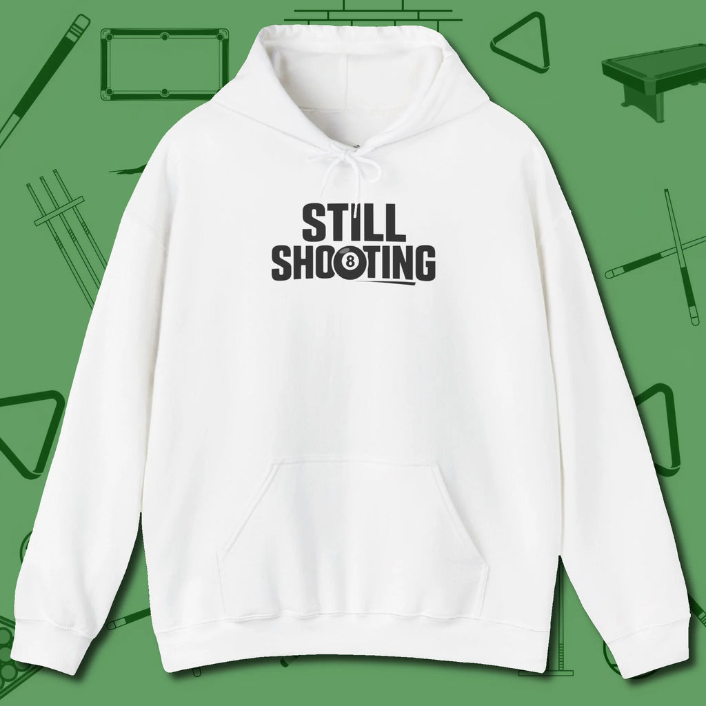 Still Shooting Hoodie, front view, in White where style and cue discipline collide