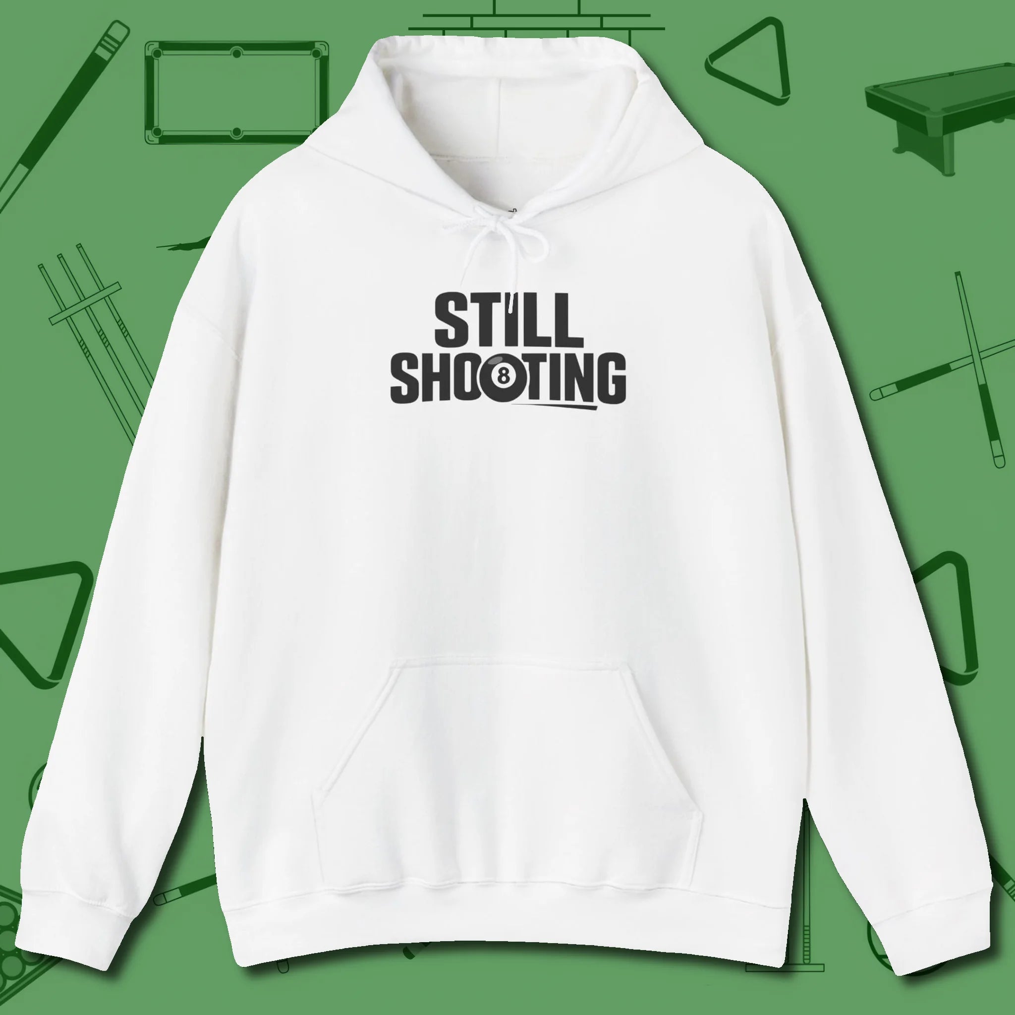 Still Shooting Hoodie, front view, in White where style and cue discipline collide
